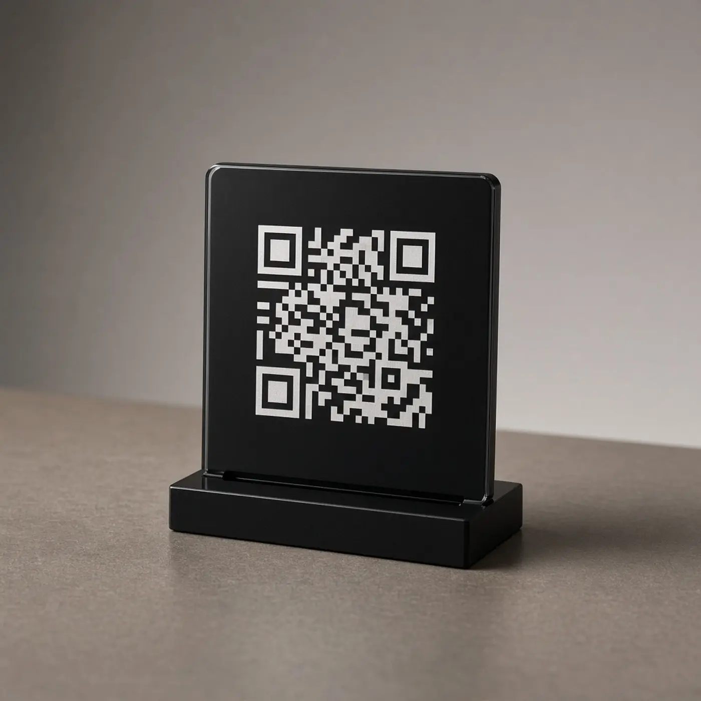 QR counter sign, photographed on a studio sweep